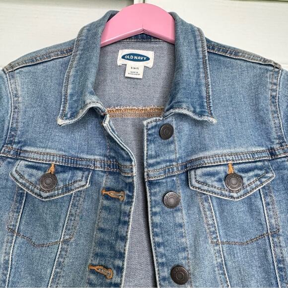 Old Navy Blue Denim Jacket Button Up Long Sleeves Side Pockets Cotton 6-7 Small - Picture 3 of 8